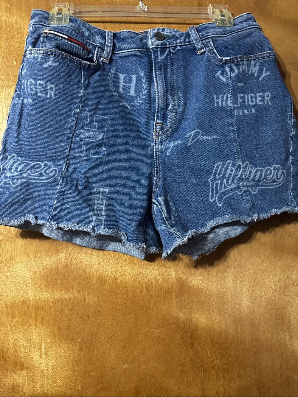 Tommy Hilfiger Blue Logo-Print Cutoff Denim Shorts